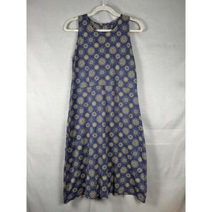 Fair Indigo Dress Womens Medium‎ Blue Gold Organic Pima Cotton Geometric Midi